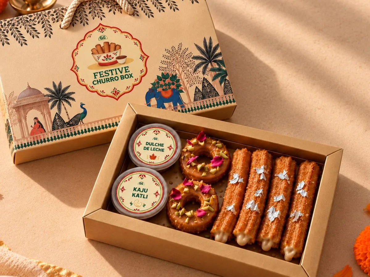 Festive Churro Box with Maple Shahi Tukda rings, Kaju Katli churros and two dips, its printed gift bag behind