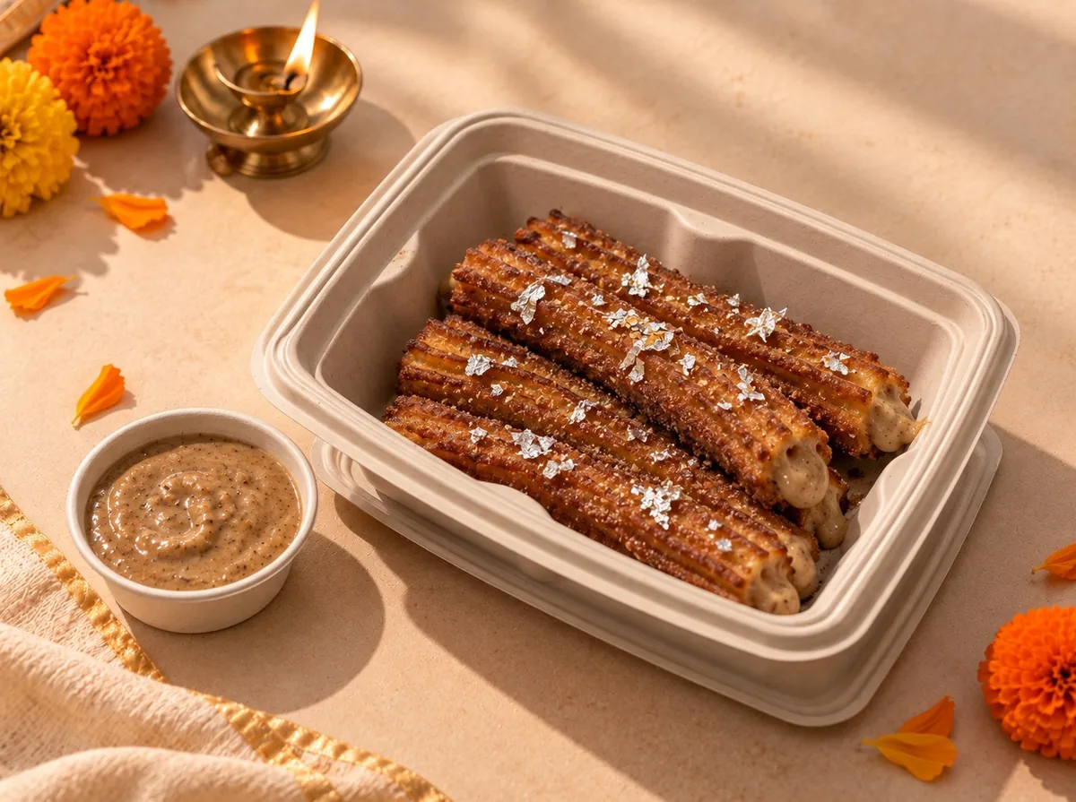 Four Kaju Katli churros topped with silver vark in a box, a cup of Kaju Katli dip beside it, with marigolds and a diya