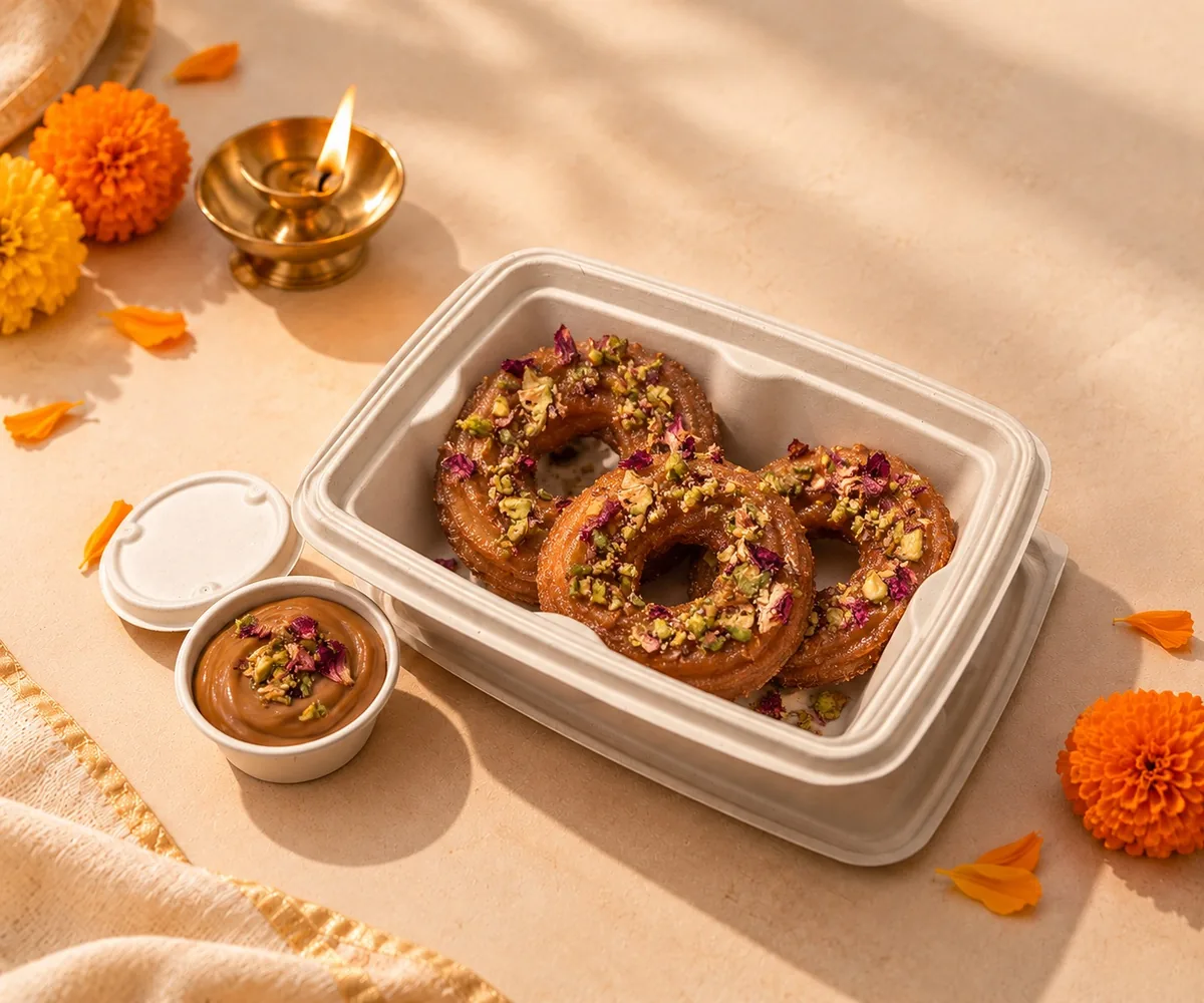 Three Maple Shahi Tukda churro donuts with pistachio and rose petals in a box, a cup of Dulce de Leche dip beside it, with marigolds and a diya