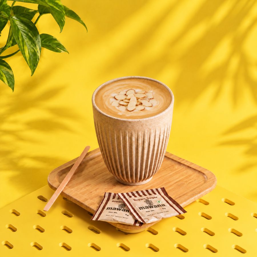 An almond butter latte topped with sliced almonds, in a ribbed cup on a wooden tray