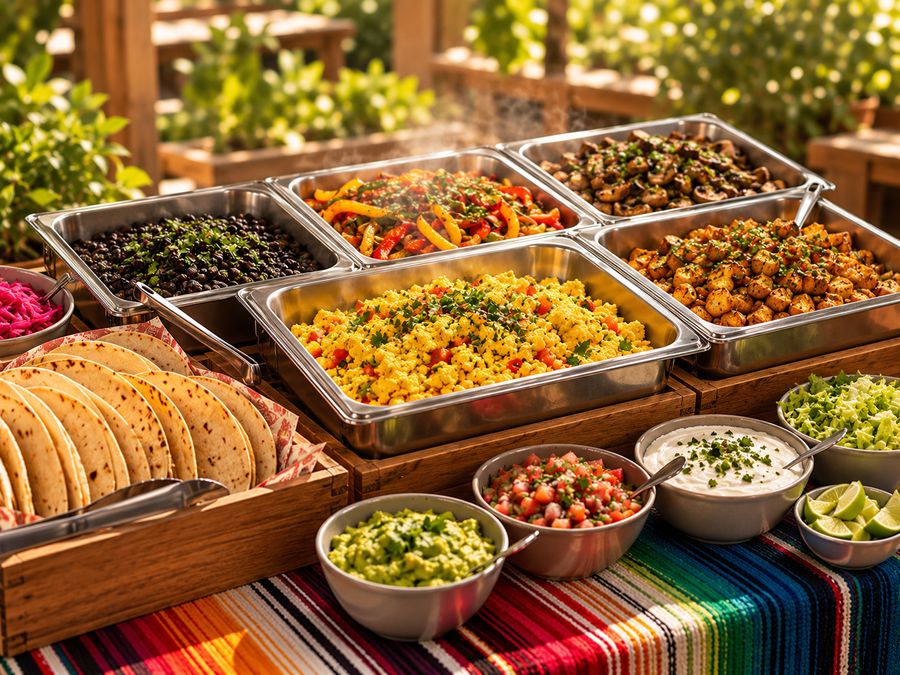 A breakfast bar: trays of hot fillings, a stack of tortillas, and bowls of guacamole, salsa and sour cream