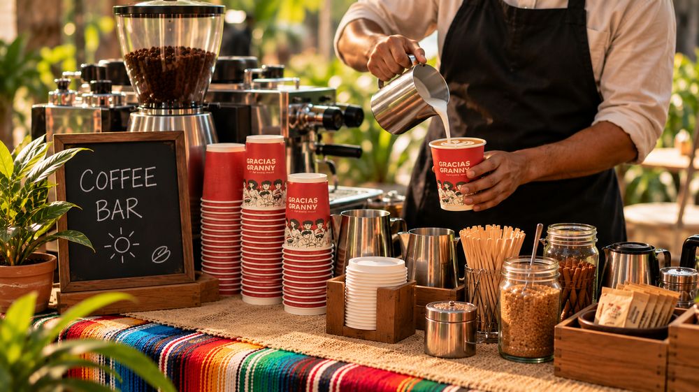 A barista pouring milk into a Gracias Granny cup at an outdoor coffee bar, beside a grinder and stacks of cups