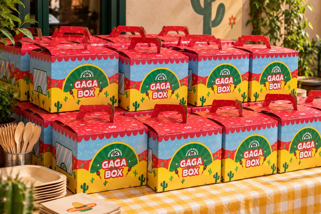 Stacks of red, blue and yellow GAGA Box party boxes on a table