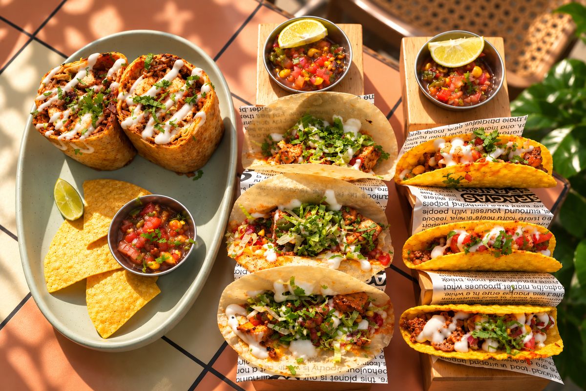 Two burrito halves with chips and salsa, three soft tacos and three crispy tacos on a sunlit cafe table
