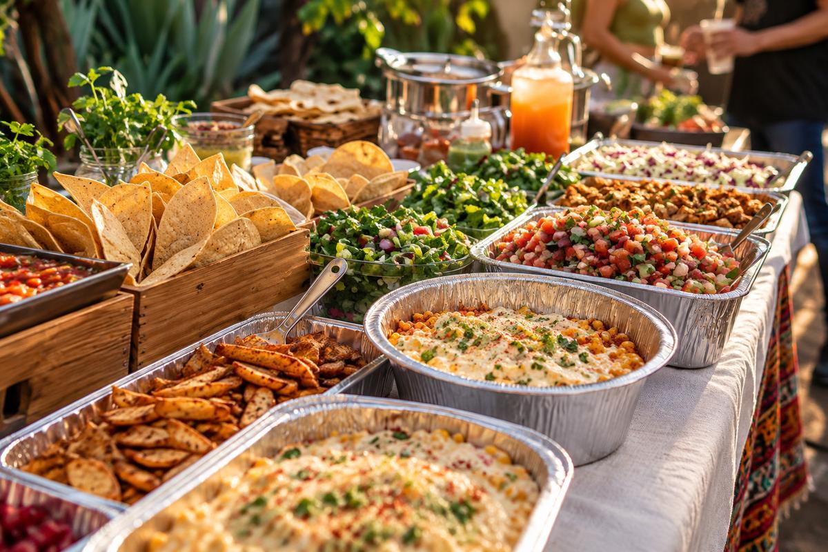 A party spread on an outdoor table: tortilla chips, salads, salsa and trays of baked dishes