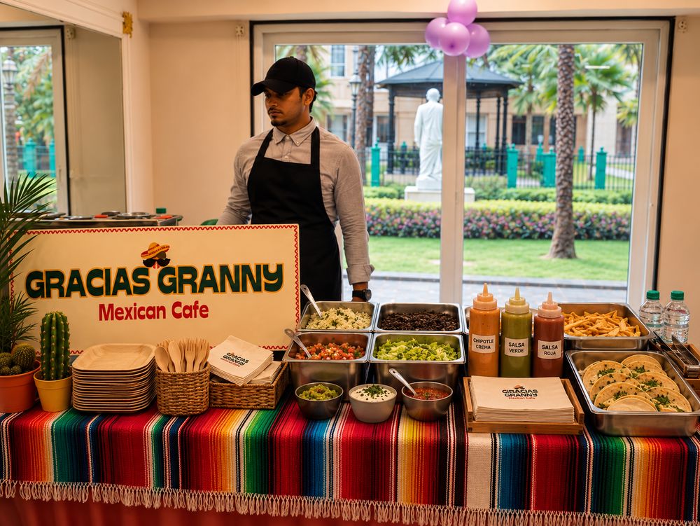 A Gracias Granny live counter with a server behind trays of fillings, toppings, sauces and tortillas