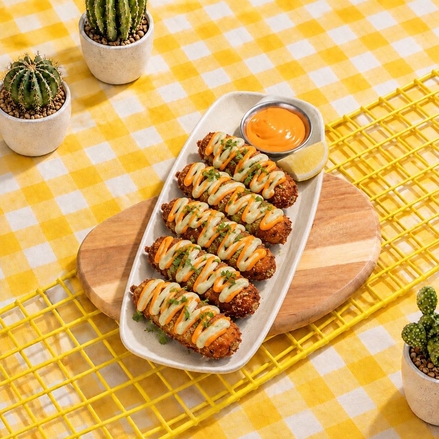 Five mirchi poppers drizzled with sauces on a long plate, with a dip and a lemon wedge
