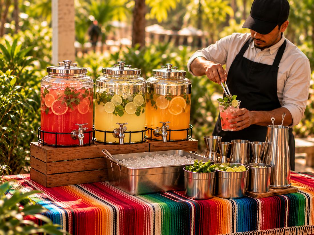A server garnishing a pink mocktail with mint and lime beside three glass dispensers of fruit drinks, an ice tray and steel cups on a striped table runner, outdoors