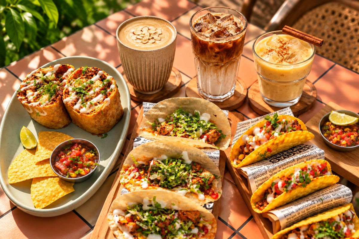 Two burrito halves with chips and salsa, three soft tacos, three crispy tacos, an almond latte, an iced coffee and a creamy iced drink with a cinnamon stick on a sunlit cafe table